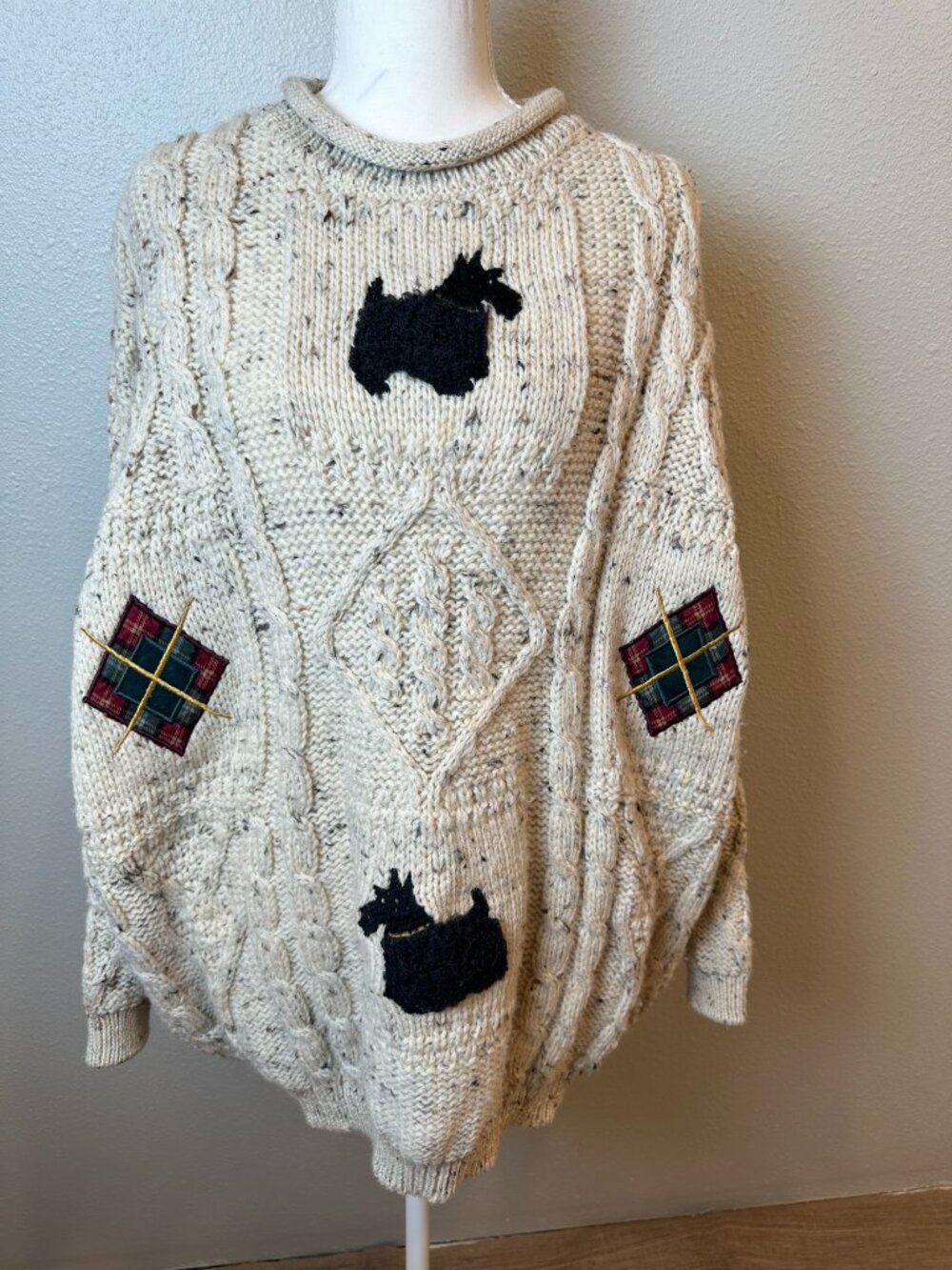 Acorn Vintage Chunky Knit Wool Cable Knit Fisherman Sweater Scotty Dog Roll Neck